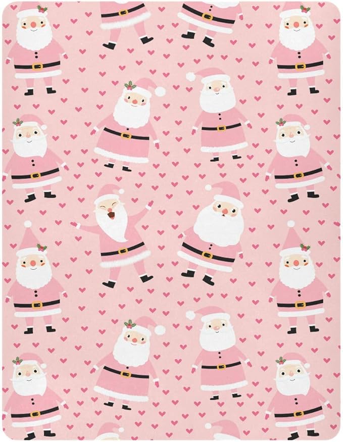 Christmas Pink Santa Crib Sheets Soft Breathable Fitted Baby Playard Sheets Mattress Cover for Girl Boys, 39" x 27" x 5"