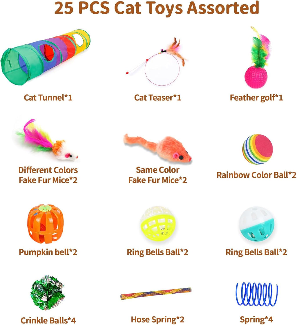iCAGY 25-Piece Cat Toys Kit with Rainbow Tunnel - Interactive Cat Toy Bundle for Indoor Cats, Kitten Playtime Variety Set Includes Feather Teaser, Springs, Balls, Mice & Noise Toys