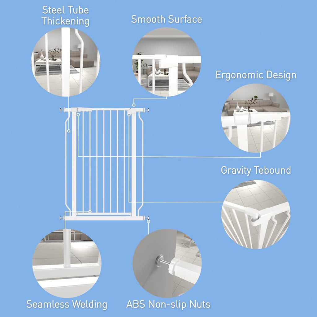WAOWAO Extra Tall 40.55" Baby Gate 57.48-74.4" Wide Pressure Mounted Walk Through Swing Auto Close Safety White Metal Toddler Child Dog Pet for Indoor Stairs,Doorways,Kitche