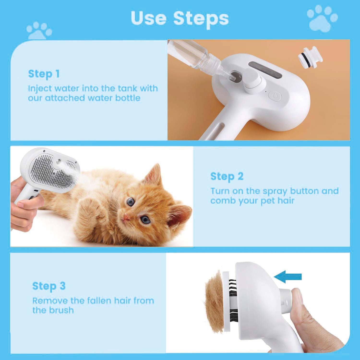 Pet Steam Brush for Dog & Cat – 3-in-1 Spray Hair Removal Comb – Steam Brush for Shedding & Grooming – Water for Long & Short Haired Pets – Spritz Defur Comb (Green)