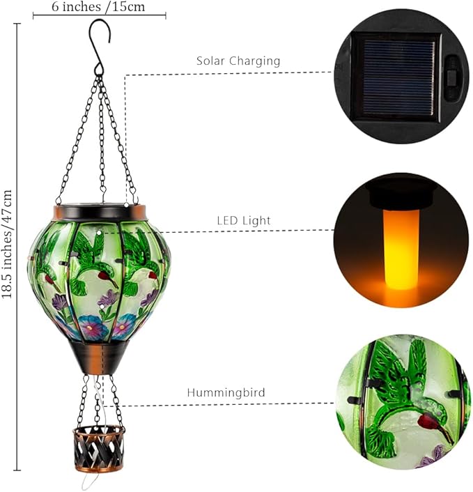 Starsoul Hummingbird Hot Air Balloon Solar Lantern with Candle Holder Glass Outdoor Solar Hot Air Balloon Flickering Flame Lamp Hanging Garden Light Waterproof for Lawn Porch Tree Yard Decorations