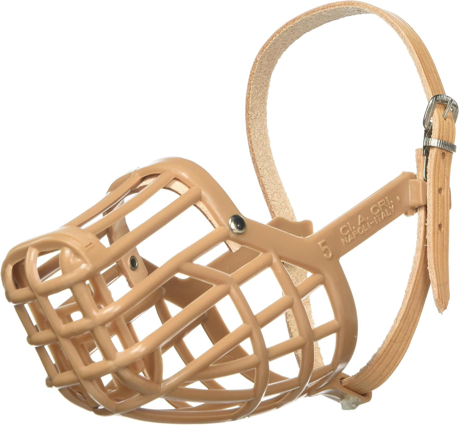 Leather Brothers Italian Basket Dog Muzzle, Adjustable Secure Fit, Comfortable Design, Training and Safety, Averts Biting, Prevents Chewing and Scavenging, Perfect for Grooming - Tan, Size 5
