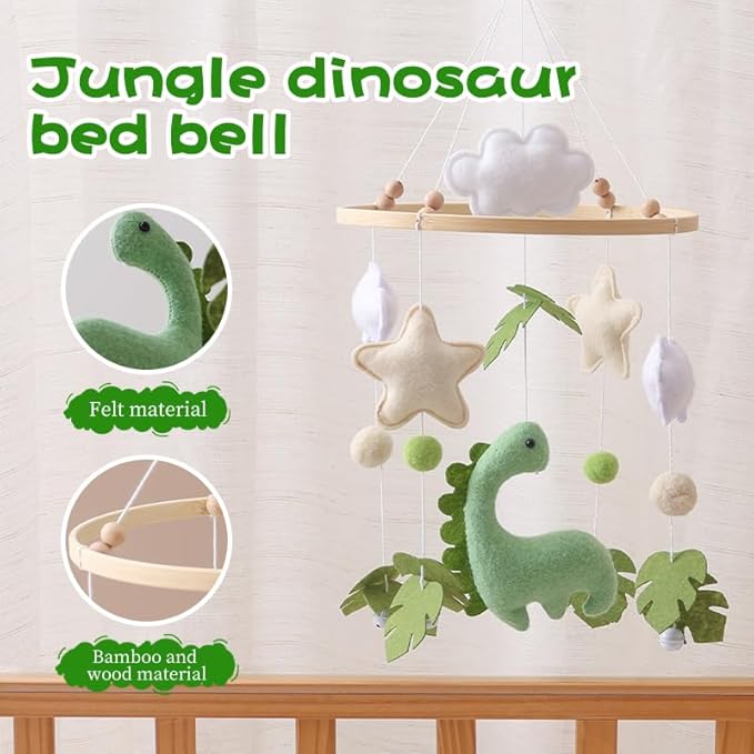 Dinosaur Baby Crib Mobile | Boys Nursery Decoration | Wooden Mobile for Crib | Dinosaur w/Bells Nursery Mobile Theme | Newborn Baby Stuff | Baby Shower Gift for Boys & Girls | Easy Assembly & Durable