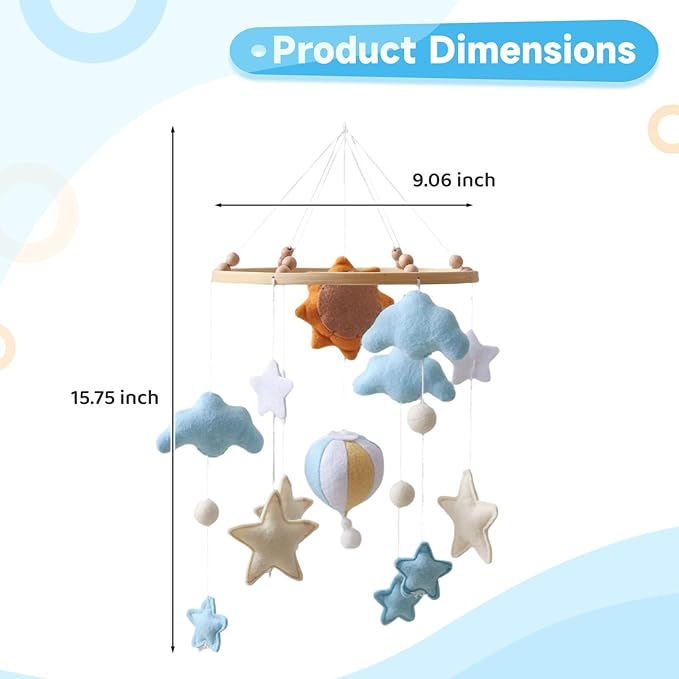 Handmade Sun Hot Air Balloon Crib Mobile with Felt Cloud, Star, and Balloon Toys, Safe and Soft for Baby Nursery, Ideal for Little Ones,
