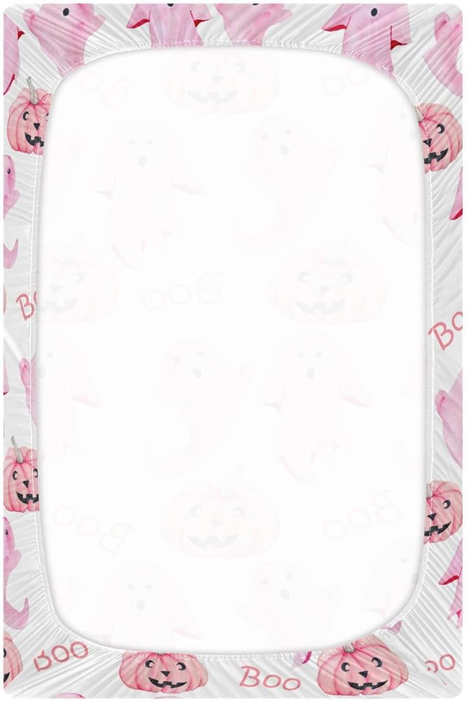 Halloween Ghosts Pink Crib Sheets Soft Breathable Fitted Baby Crib Sheets Mattress Cover for Girl Boys, 52" x 28" x 9"