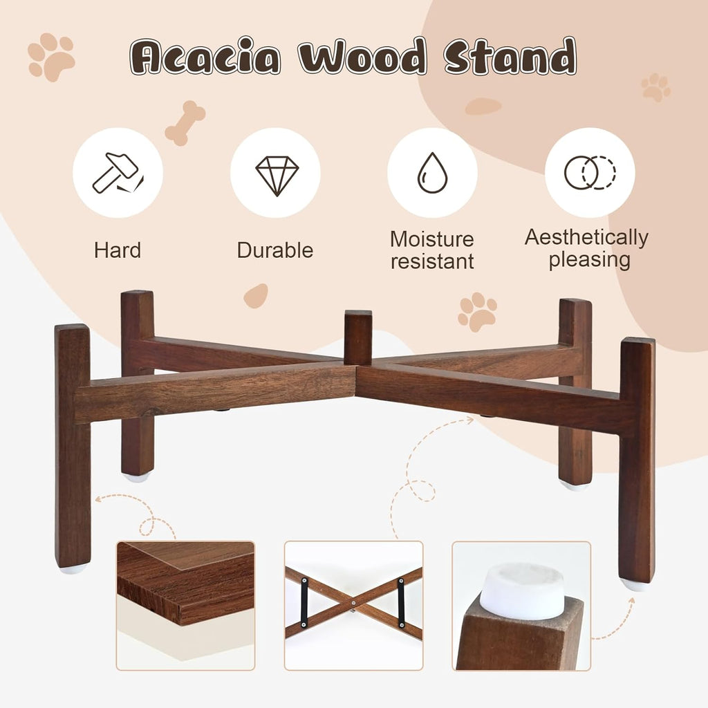 SPUNKYJUNKY Ceramic Elevated Dog Bowl Set with Acacia Wood Stand for Food and Water for Medium Dogs (42.27 OZ, White, Dog Paw Pattern)