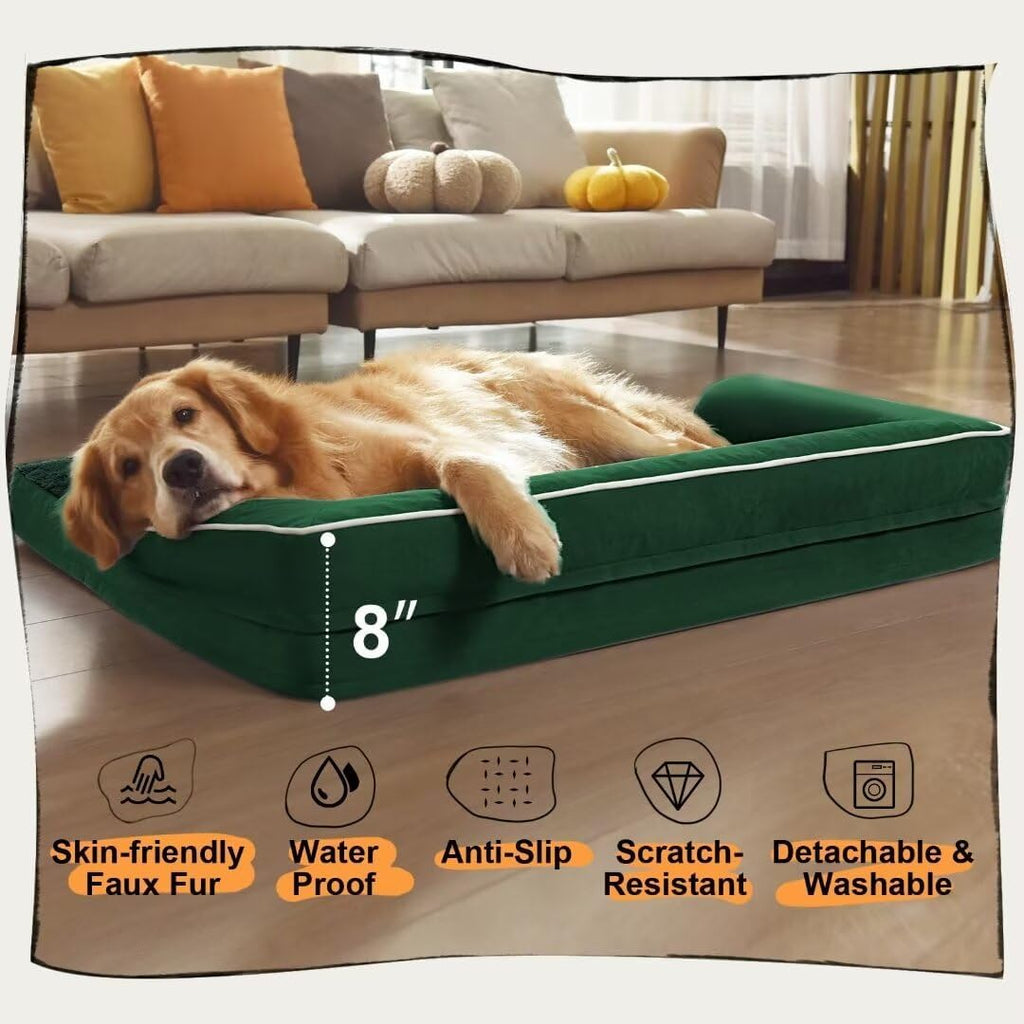 Large Dog Bed Orthopedic Washable Extra XXXLarge Big Dog Bed with Washable Bolster & Memory Foam Couch Sofa - Waterproof with Removable Cover - Emerald