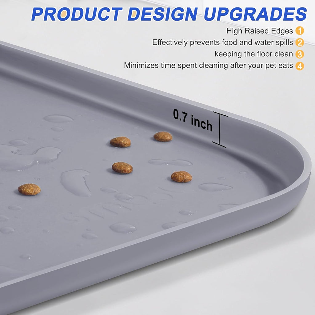 Silicone Pet Feeding Mat with Raised Edge for Food and Water, Dog Bowl Mats, Cat Bowls Placemat with High Lip for Floor Waterproof, Rubber Tray for Cats and Dogs 19 x 12 x0.7 Light Gray
