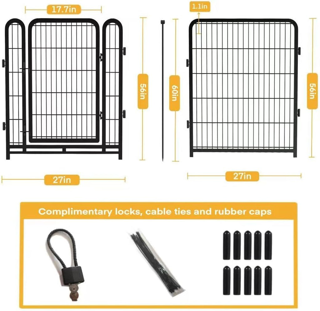 56 in(H) Decorative Garden Fence Panels, Wide Door Low Threshold, Dog Fence Outdoor for Yard. 10 Panels Total 22.1 Ft(L)，No Dig Fencing for Dogs, Black