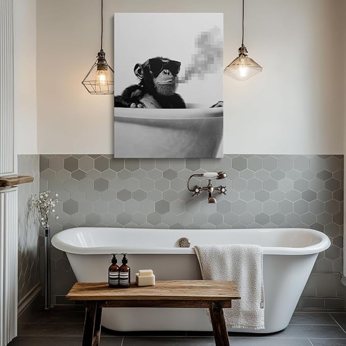 Funny Black and White Monkey Picture Wall Decor Framed Cool Chimpanzee Gorilla in Bathtub Canvas Wall Art Animal Prints Poster Modern Pop Fun Painting for Bathroom Living Room Bedroom (16"x24")