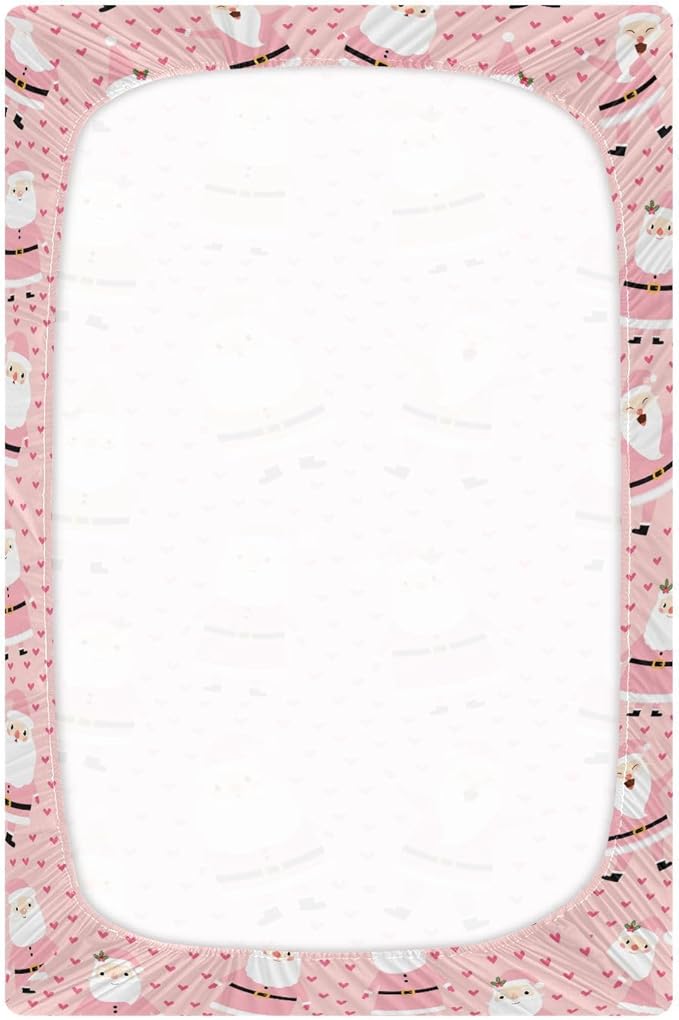 Christmas Pink Santa Crib Sheets Soft Breathable Fitted Baby Crib Sheets Mattress Cover for Girl Boys, 52" x 28" x 9"