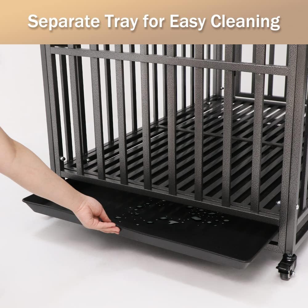 LUCKUP Heavy Duty Dog Crate-42 inch Large Metal Dog Cage with 2 Doors and 4 Wheels, Stackable Dog Kennel for Large & Medium Dogs, Removable Tray