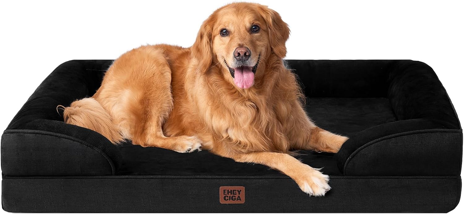 EHEYCIGA Orthopedic Dog Beds for Extra Large Dogs, Waterproof Memory Foam XL Dog Bed with Sides, Non-Slip Bottom and Egg-Crate Foam Big Pet Couch Bed with Washable Removable Cover, Black
