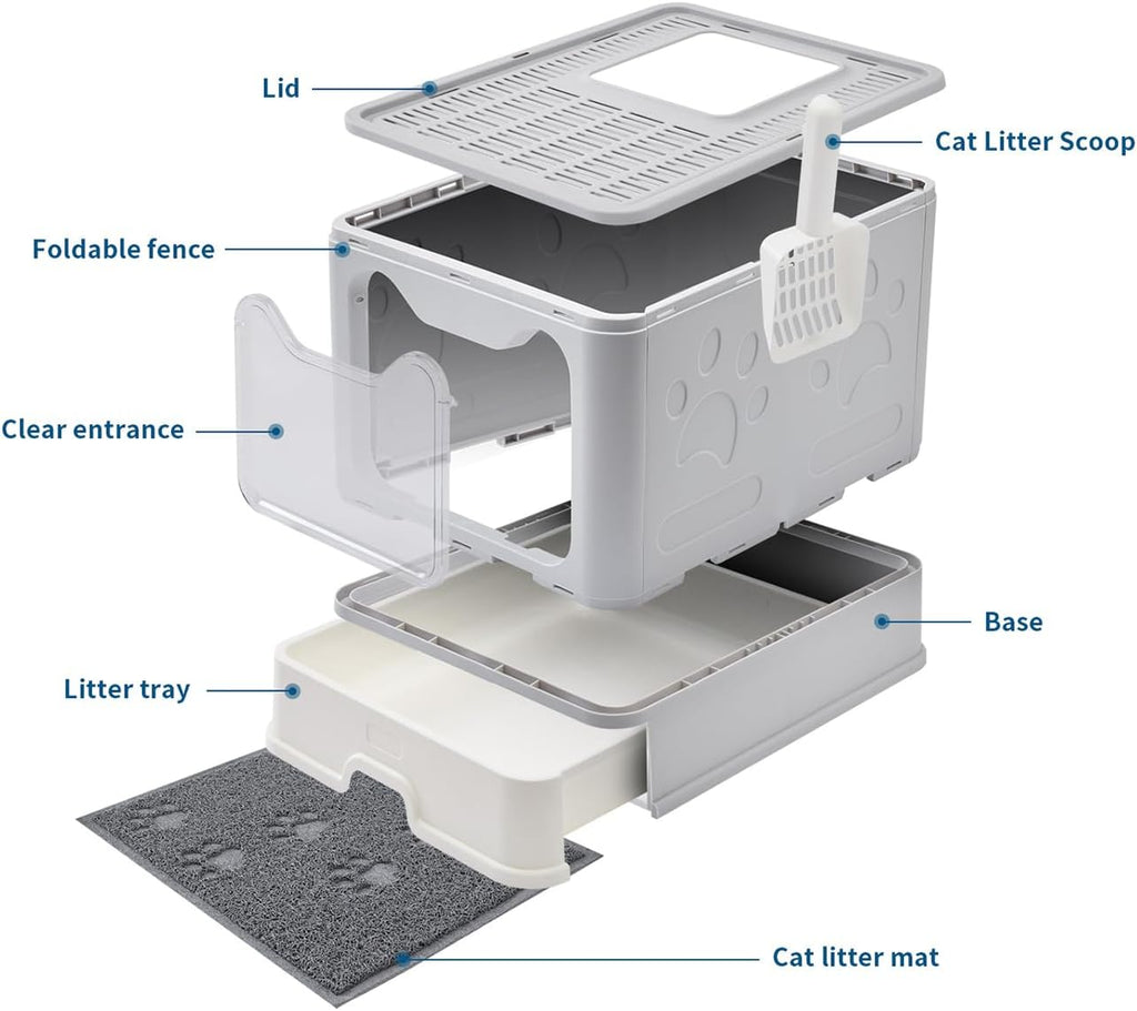 Cat Litter Box with Litter Mat and Scoop, Large Foldable Litter Box with Lid, Front Entry Top Exit Kitty Box, Odor Control, Easy to Clean (Grey)