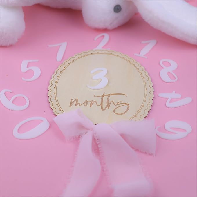 Daisy 3D Baby Monthly Milestone, Wooden Baby Milestone Signs, Monthly Milestone Wood Discs, Baby Milestone Discs (Ribbon)