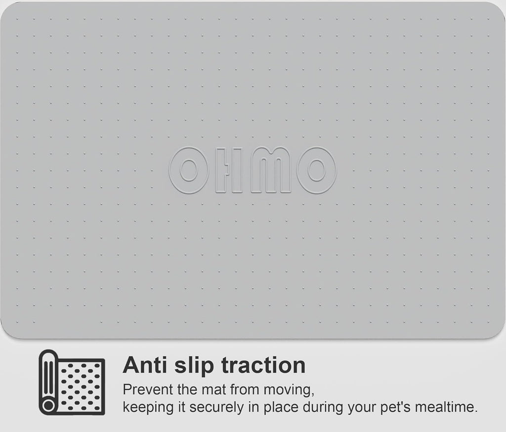 OHMO Dog Food Mat, Silicone Waterproof Cat Food Mat, Non-Skid Spill Proof Pet Feeding Mat for Food and Water, Easy to Clean Dog Placemat(Ash, 18.9" x 11.8")