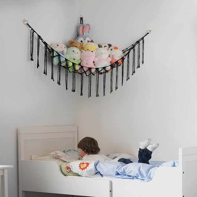 Stuffed Animal Hammock Corner, Hand-knitted Large Plushie Net Toy Hammock with Wooden Rings | Boho Cute Stuff Animal Storage for Nursery & Bedroom | Mesh Kids Toy Organizer Holder Nursery Room Decor