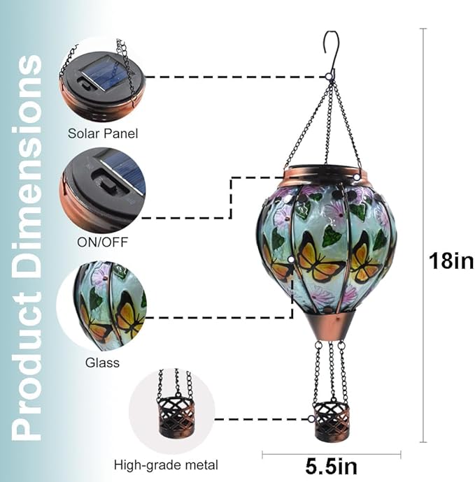 Hot Air Balloon Solar Lantern, Glass Hanging Solar Lantern with Flickering Flame Lights for Outdoor Garden Decoration (Butterfly 2PC)