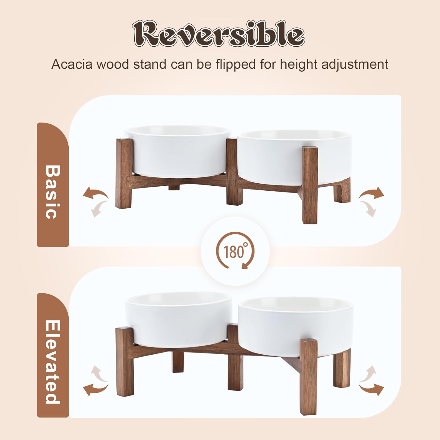 SPUNKYJUNKY Ceramic Dog Bowls with Acacia Wood Stand - Raised Dog Food and Water Bowl Set for Small Dogs (13.52 OZ, White)