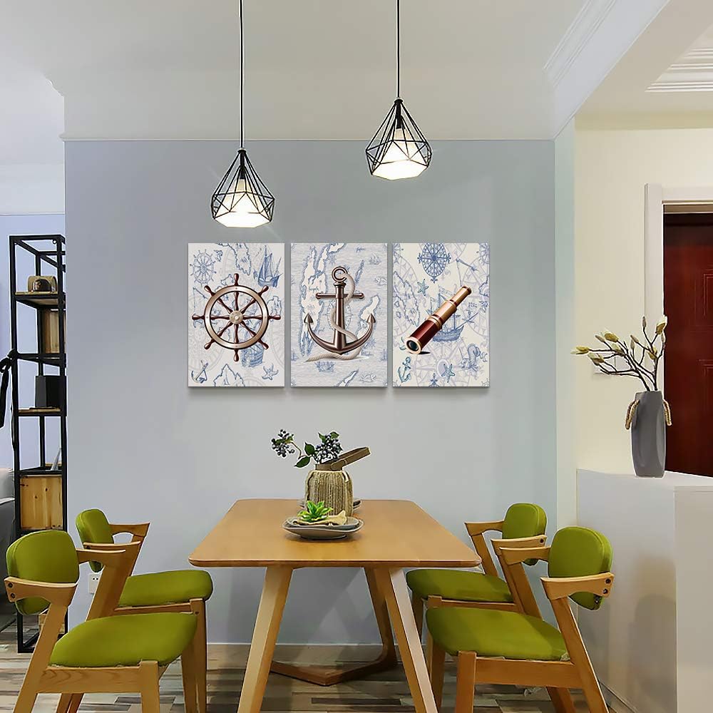 ocean theme steering wheel telescope ship pendant Canvas Prints bathroom Wall Art for Bedroom Wall decor Artworks Pictures wall decorations for living room,3 piece Home decor kitchen wall paintings