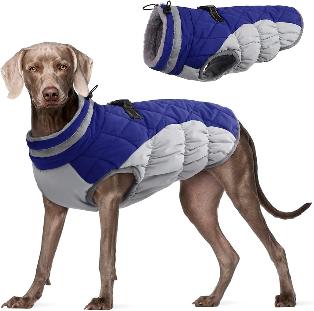 FUAMEY Dog Coat for Large Dogs,Waterproof Dog Winter Jacket with Harness Built in Puppy Cold Weather Coats Reflective Pet Vest with Zipper Warm Fleece Dogs Snowsuit Windproof Blue XXL