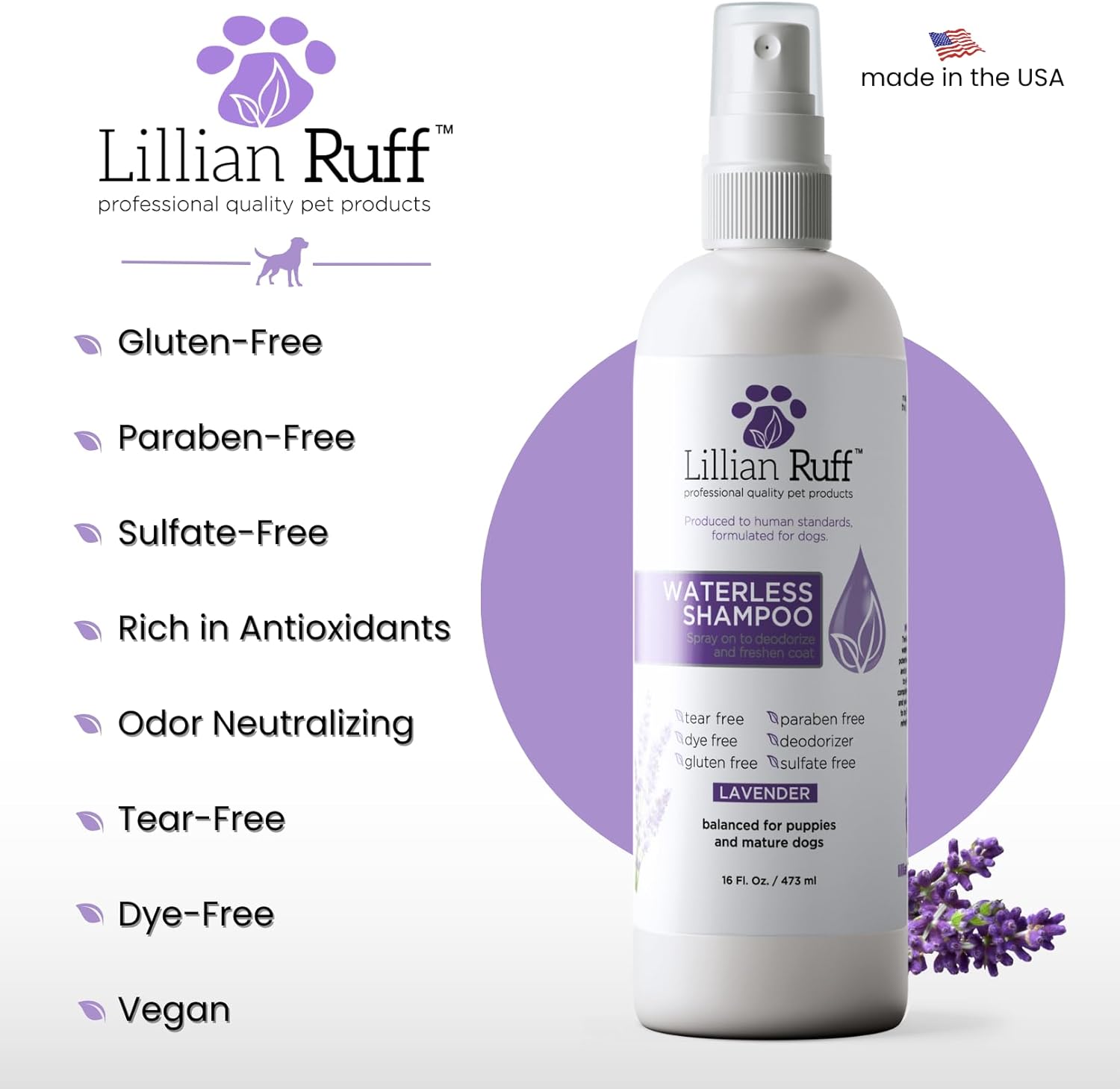 Lillian Ruff Waterless No-Rinse Dog Dry Shampoo Spray with Hydrating Essential Oils - pH-Balanced Dry Shampoo for Dogs - Clean, Condition, Detangle & Deodorize Dry, Sensitive Skin (Lavender)
