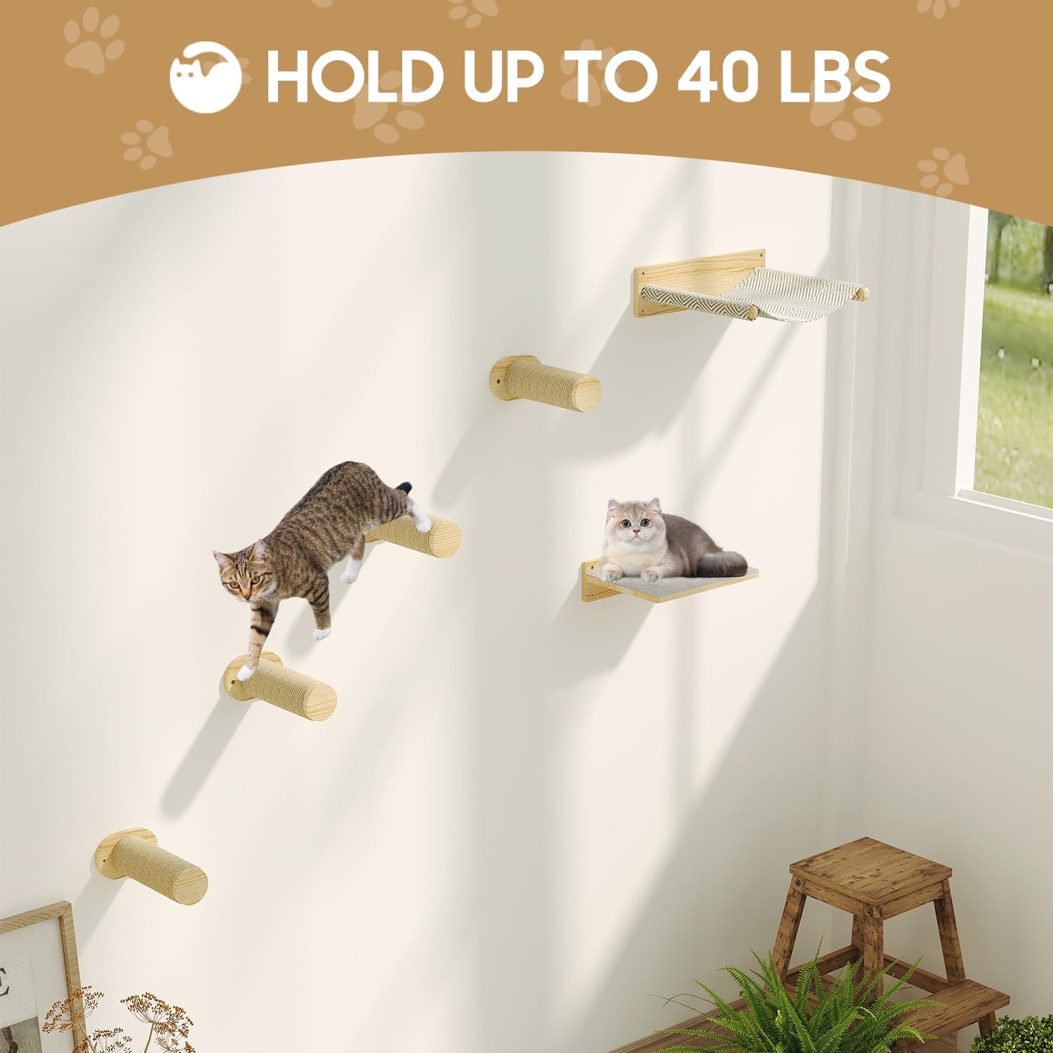 MeowHomm Cat Wall Shelves, Wooden Cat Wall Furniture Includes 4 Scratching Post Steps, Jumping Platform, Hammock for Kittens