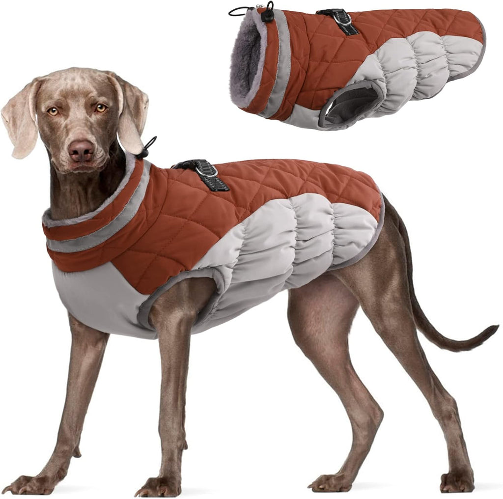 FUAMEY Dog Coat for Large Dogs,Waterproof Dog Winter Jacket with Harness Built in Puppy Cold Weather Coats Reflective Pet Vest with Zipper Warm Fleece Dogs Snowsuit Windproof Brown XXL