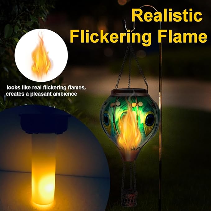 Hot Air Balloon Solar Lantern, Peacock Hanginng Lights, Glass Solar Lantern Waterproof for Outdoor Garden Decor