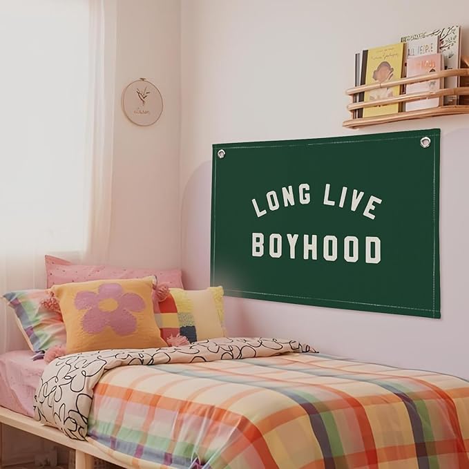 Long Live Boyhood Boys Room Decor - Linen Banner Wall Hanging Canvas Banner Flag Decor for Toddler Boy Room Nursery Playroom - Dark Green