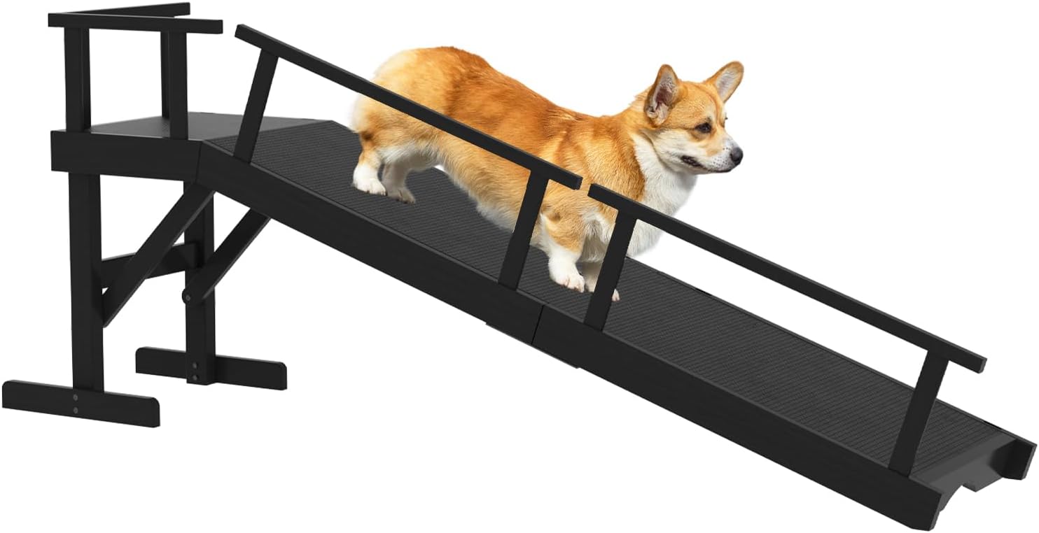 61" Dog Ramp for Bed, Pet Ramp with Removable Side Rail and Non-Slip Surface, Pet Ramp for Small & Large & Senior Dogs with Rest Platform and DIY Glow Strips,Dog Stairs for Couch,Black