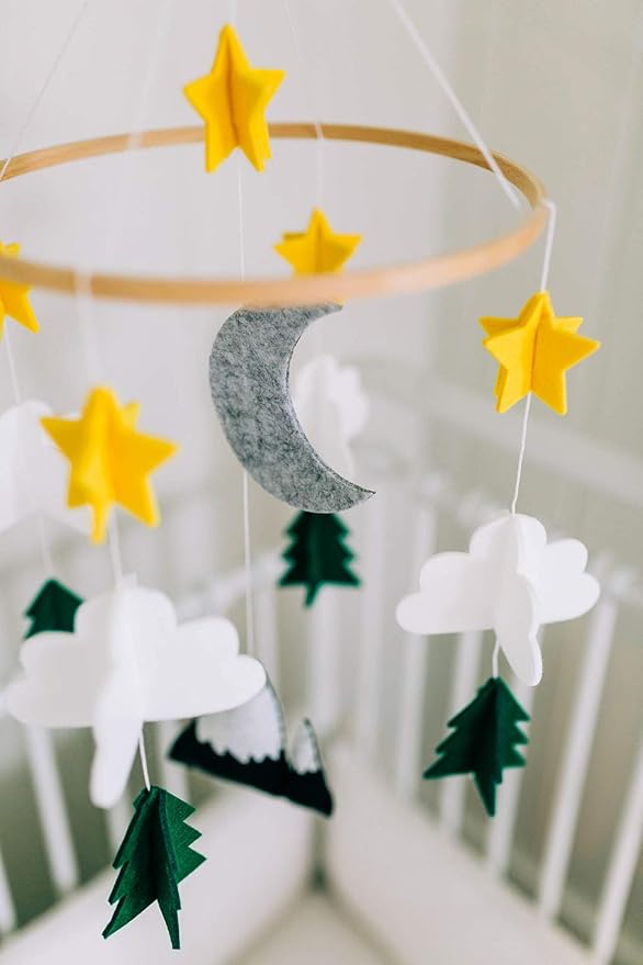 Baby Crib Mobile (Starry Woodland Night, Long Evergreen) Nursery Decor Ceiling Mobile for Boys & Girls - Crib Accessories