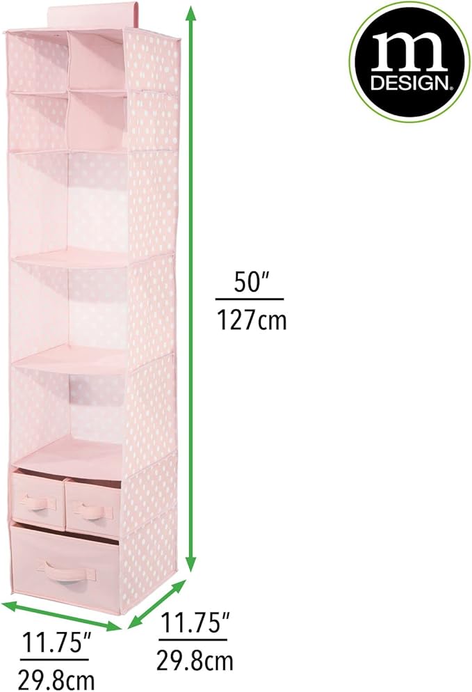 mDesign Fabric Hanging Organizer - Over Closet Rod Storage with 7 Shelves and 3 Removable Drawers for Baby Nursery Bedroom Organization - Holds Clothes, Toys, Accessories - Pink/White Polka Dot
