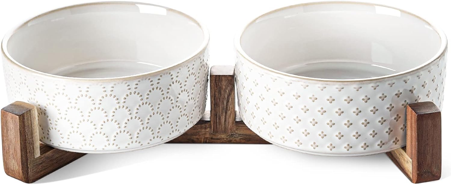 Dog Bowls Ceramic for Small Medium Dogs - 3-Cup Dual Food & Water Bowl Set with Acacia Wood Stand, Non-Slip Anti-Tip Elevated Design
