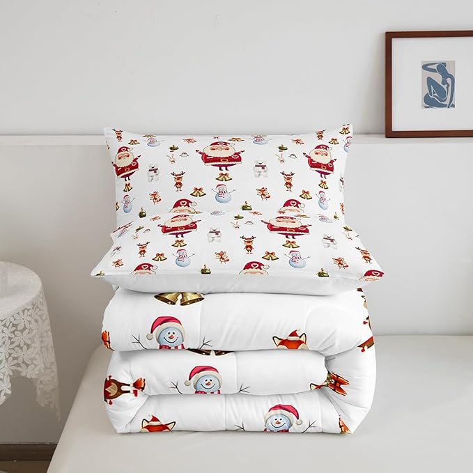 Feelyou Christmas Comforter Set Cute Snowman Santa Claus Kids Decorations Bedding Set Boys Girls Bear Rabbit Comforter Christmas Bells Design White Quilt Set with 1 Pillowcase 2Pcs Bedding Twin