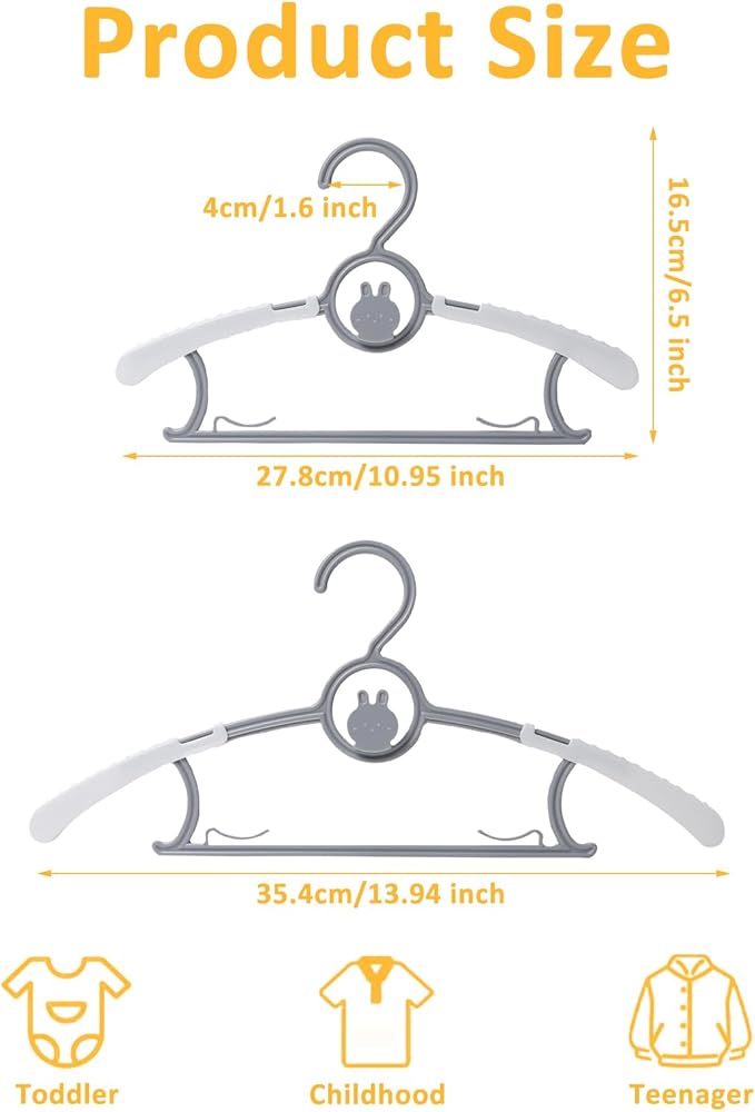30 Pack Baby Hangers, Non-Slip Kids Hangers, 11"-14" Adjustable Infant Hanger, Space Saving Plastic Hanger for Girl Boy Toddler Kids Child (Grey)