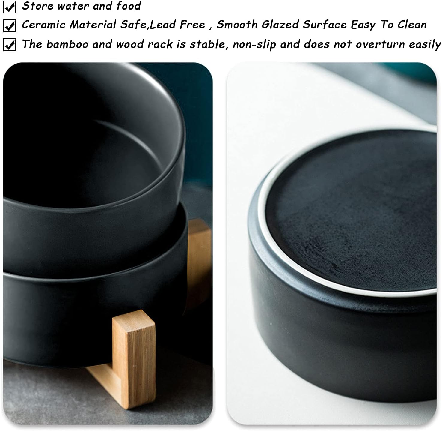 Petygooing Ceramic Dog Cat Bowls Set with Stand,Black Pet Food and Water Bowl,Small Dog Bowls Cute Modern Anti Slip Set of 2 Pet Feeder Small Size Pet Dish(13.5OZ/5.1 in)