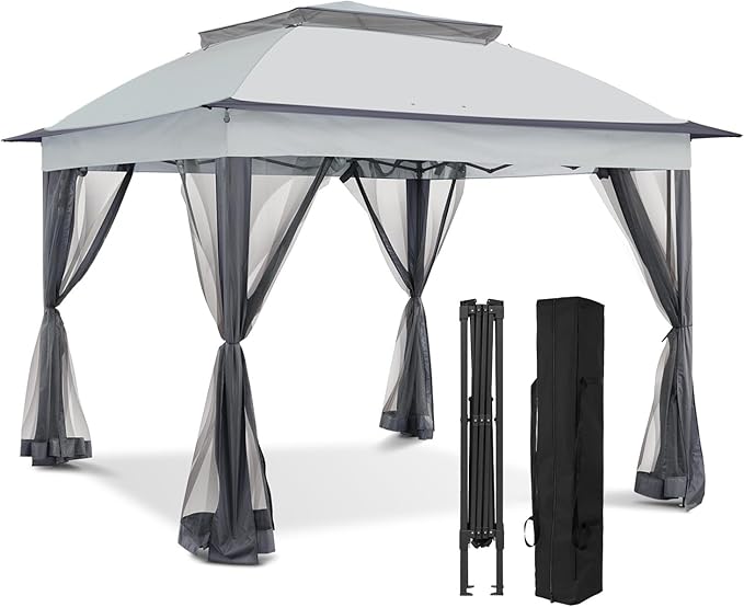 EAGLE PEAK 11x11 Pop Up Gazebo with Mesh Netting, Easy Up Screened Canopy for Patio and Backyard, Easy Set up Outdoor Gazebo (Gray)