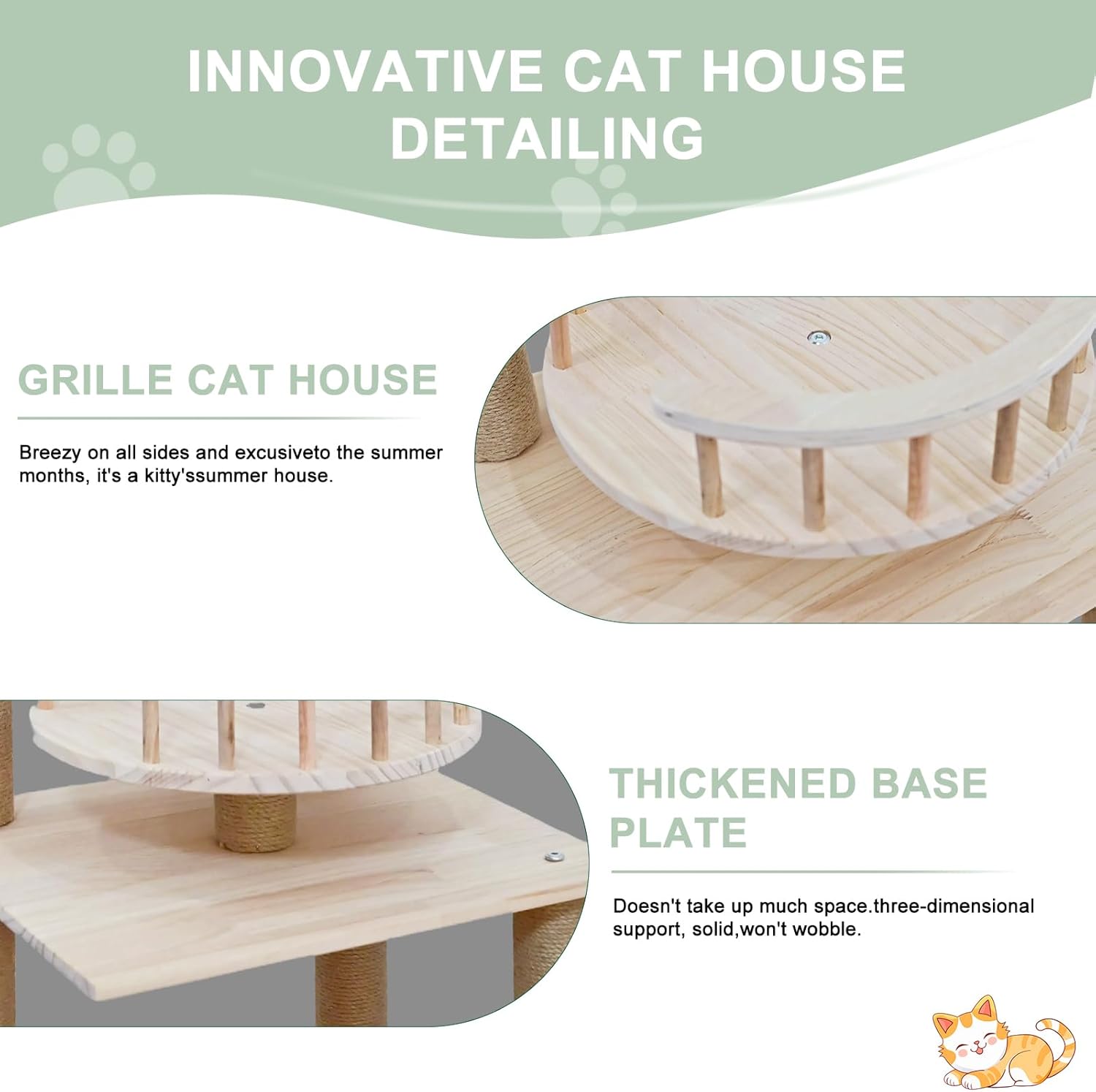 Wood Cat Tree 17” x 16”x 53” Modern Sturdy Cat Tower with Double Condos Hand-Woven Beds & Toys Multilevel Huge Paws Pals Tree Indoor Cat Furniture for Big Cats