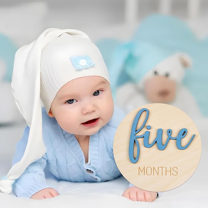 Baby Monthly Milestone Discs for Boy: Milestone Marker Circles Wooden Cards from 1-12 Months for Photo Props - Newborn Age Signs for Gifts