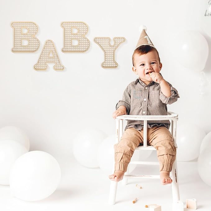 4 Pcs Rattan Wood Baby Letters - Boho Nursery Decor for Baby Shower | Rustic Alphabet Letter Home Decoration for Newborns & Birthday Gifts | Perfect Table Centerpiece for Toddler Girls & Boys