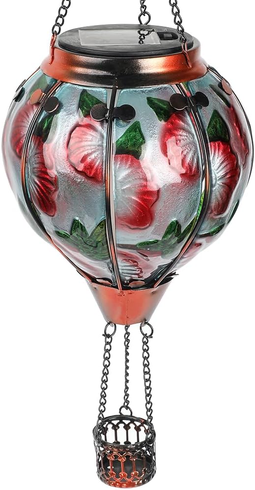Hot Air Balloon Solar Lantern with Flickering Flame, Glass Hanging Garden Lights Outdoor Waterproof for Tree Yard Patio Mother's Day Gift, 18" H Hummingbird-Red