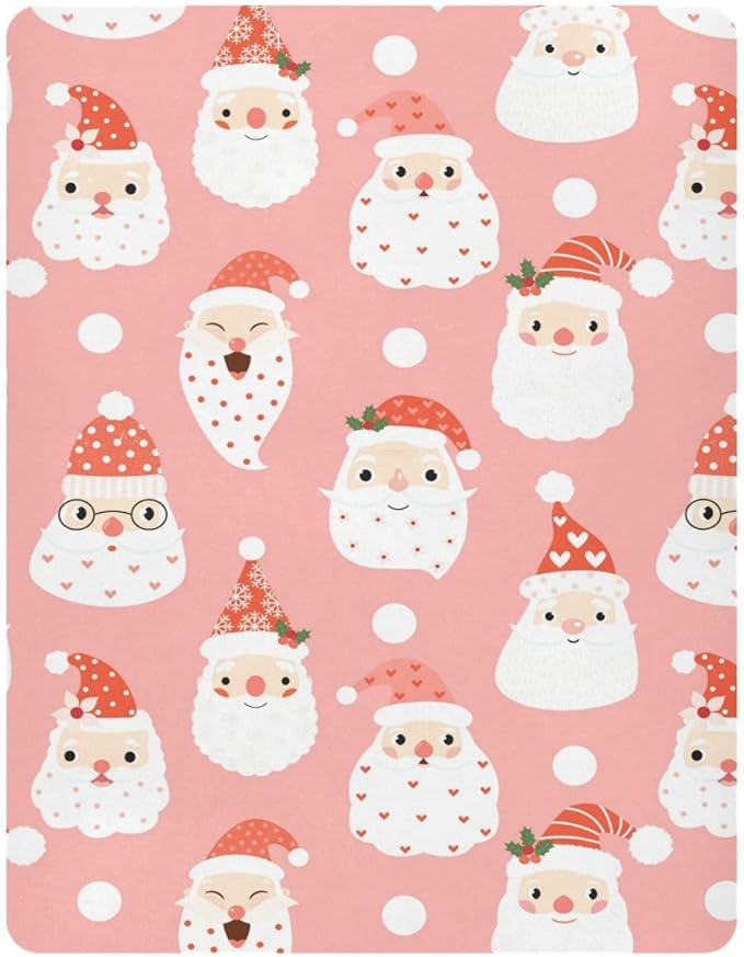 Santa Pink Christmas Crib Sheets Soft Breathable Fitted Baby Playard Sheets Mattress Cover for Girl Boys, 39" x 27" x 5"
