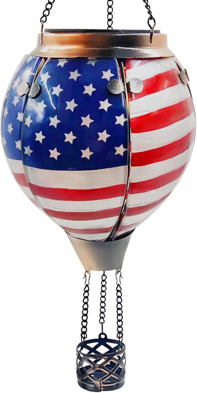 Glass Solar Hot Air Balloon Lantern with Flame Hanging Garden Flickering Light Outdoor Waterproof for Yard Patio Tree 4th of July Decorations, Flag