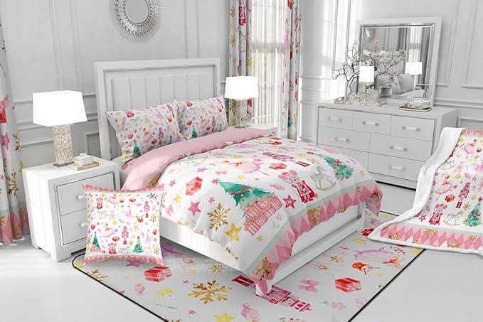 Feelyou Pink Christmas Kids Comforter Set Queen Size Ballet Nutcracker Bedding Set Snowflake Duvet Quilt for Kids Boys Girls Bedroom Decor Microfiber Ultra Soft Breathable