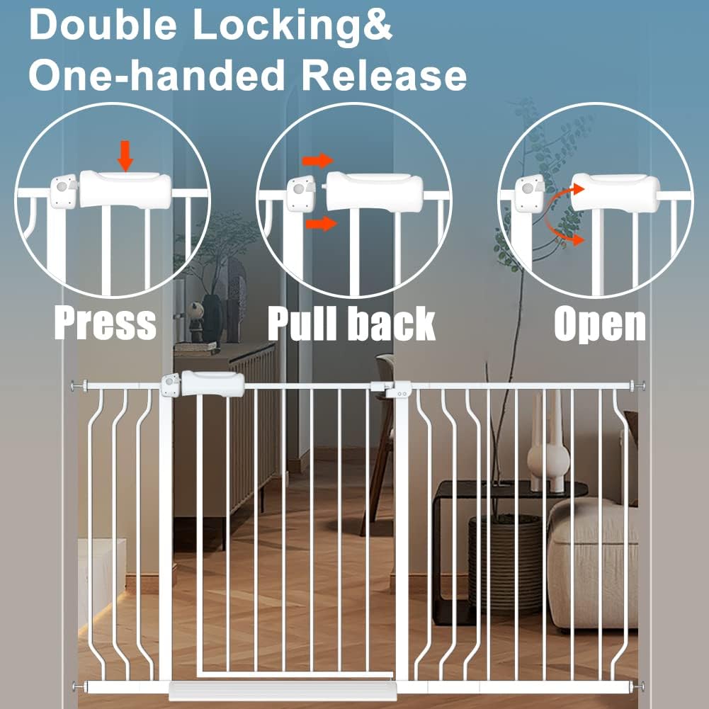 Extra Wide Baby Gates 71.5-76.3 Inch White Pressure Mounted Baby Gate Indoor Safety Gates Pressure Mounted Child Gate for Stairs Doorways Hallways