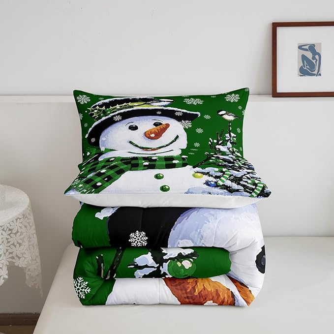 Feelyou Kids Christmas Theme Decorations Bedding Set Xmas Snowman Comforter Set for Boys Girls Snowflake Kawaii Cute Comforter Green Quilt Set Bedroom Collection Toddler Size