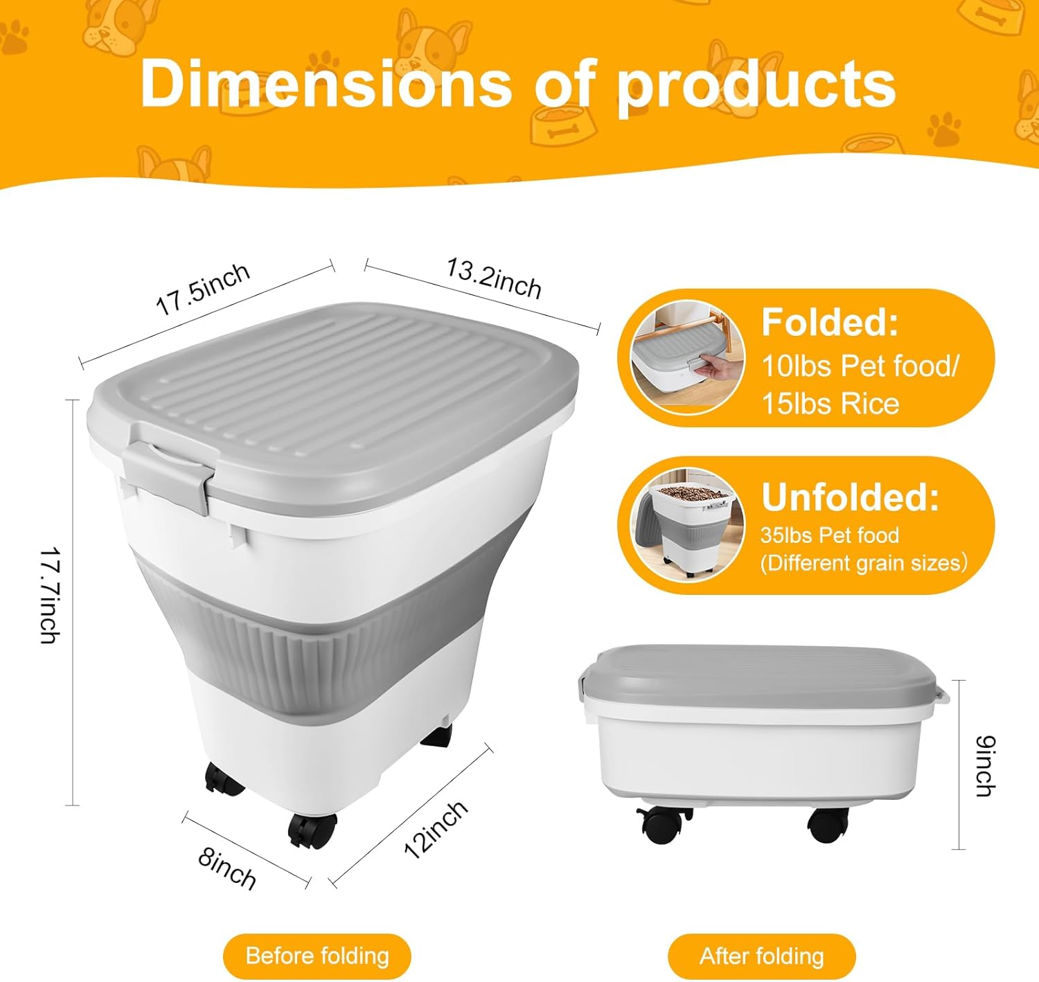 35 Lbs Dog Food Storage Container 2PCS, Collapsible Dog Food Container with Scoop for Pet/Dog/Cat/Bird Food,Keep Dry Food Fresh,Easy to Move