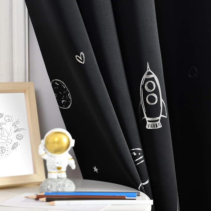 Vangao Black Kids Curtains for Boys Bedroom Space Theme Blackout Curtains for Kids Nursery Girls Room 63 Inches Length Silver Foil Print Drapes Grommet Top Window Treatments Set 2 Panels
