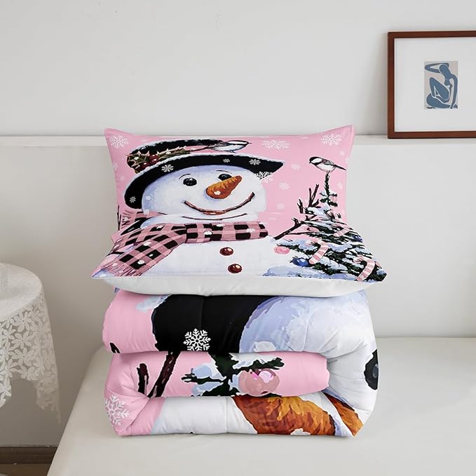 Feelyou Kids Christmas Theme Decorations Bedding Set Xmas Snowman Comforter Set for Boys Girls Snowflake Kawaii Cute Comforter Girly Pink Quilt Set Bedroom Collection Twin Size